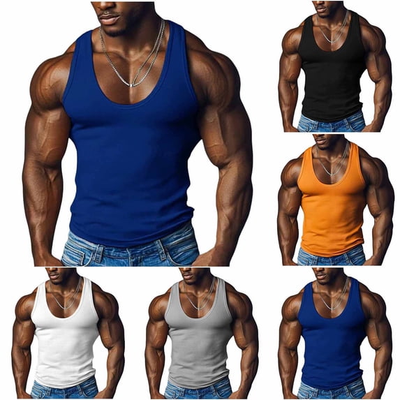 Abtuhar Men Summer Tops Short Sleeve Solid Round Neck Sleeveless Workout Running Tank