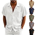 thumbnail image 1 of Abtuhar Men Summer Tops Short Sleeve Solid Stripe Linen Button Turndown Collar Shirts, 1 of 5