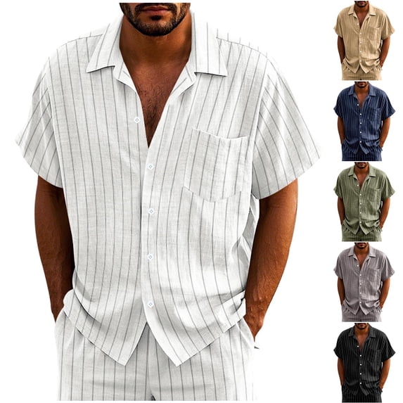 Abtuhar Men Summer Tops Short Sleeve Solid Stripe Linen Button Turndown Collar Shirts