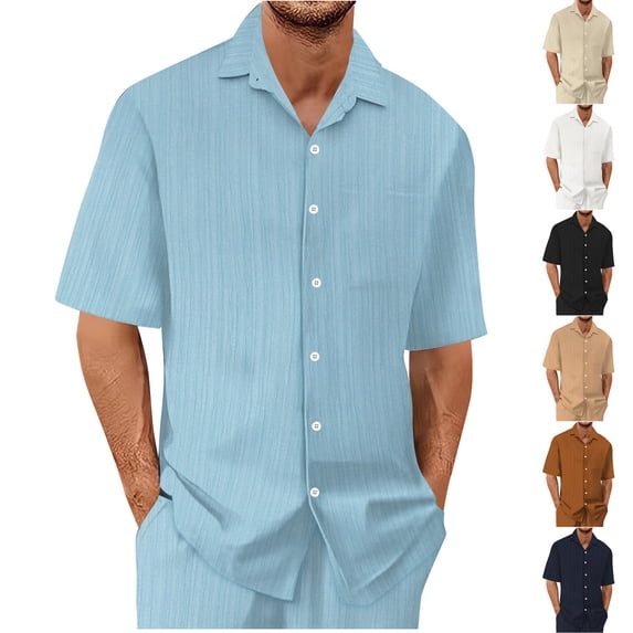Abtuhar Men Summer Tops Short Sleeve Turndown Collar Solid Button Pocket Casual Shirts