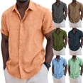 thumbnail image 1 of Abtuhar Men Summer Tops Short Sleeve Turndown Collar Solid Slub Linen Hidden Button Shirts, 1 of 5