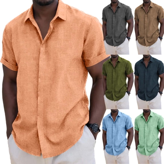 Abtuhar Men Summer Tops Short Sleeve Turndown Collar Solid Slub Linen Hidden Button Shirts