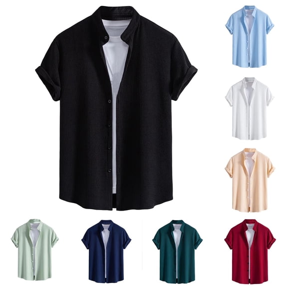 Abtuhar Men Solid Collared Button Short Sleeve Cardigan Casual Summer Shirts