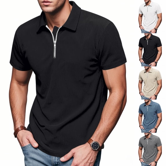 Abtuhar Men Solid Collared Half Zip Stripe Short Sleeve Summer Base Layer Tee