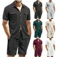 thumbnail image 1 of Abtuhar Men Solid Collared Pocket Shirt Short Sleeve Elastic Waist Shorts Set, 1 of 5