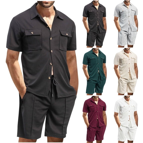 Abtuhar Men Solid Collared Pocket Shirt Short Sleeve Elastic Waist Shorts Set