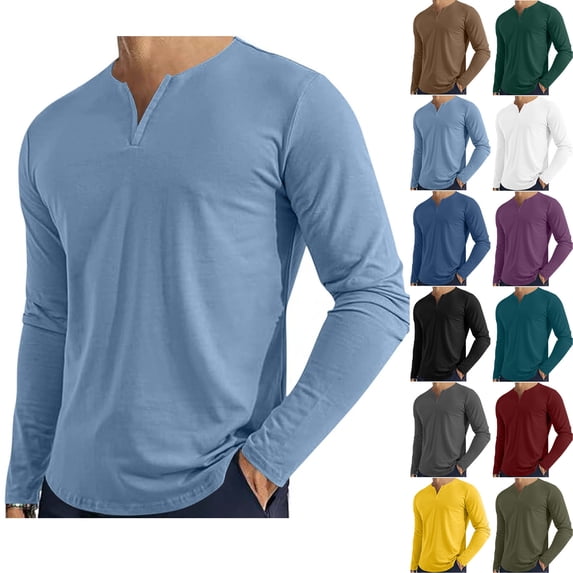Abtuhar Men Solid Loose Long Sleeve V-Neck Summer Lightweight Breathable Casual Tee