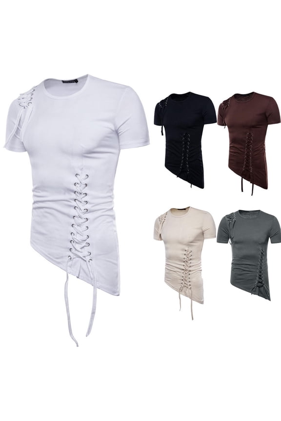 Men Solid Round Neck Button Patchwork Short Sleeve Summer Casual Versatile Tops