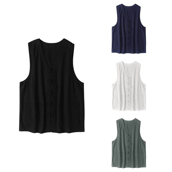 Abtuhar Men Solid Summer Casual Sleeveless Button V-Neck Collar Tank,Black,XL