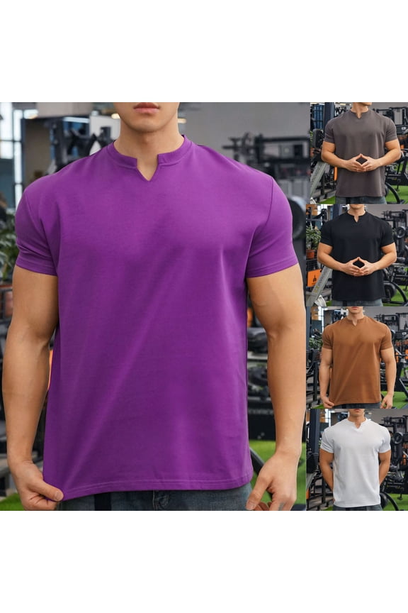 Men Solid V-Neck Short Sleeve Summer Fitness Workout Training Tops