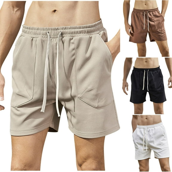 Abtuhar Men Summer Casual Solid Pocket Drawstring Elastic Waist Shorts,Khaki,XL