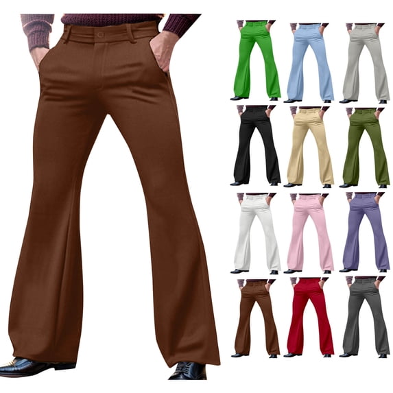 Abtuhar Men Summer Loose Casual Solid Zipper Pocket Dress Flare Leg Pants,Coffee,XL
