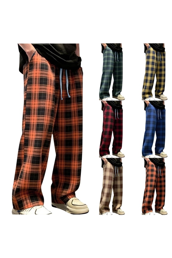 Mens Casual Fashion Brushed Home Pocket Check Elastic Waist Long Pants,Red,S