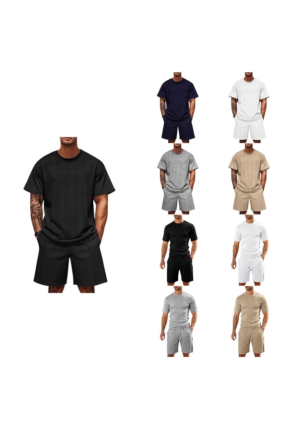Mens Lightweight Summer Casual Solid Short Sleeved Shorts Elastic Waist Drawstring Set,Black,XXXL