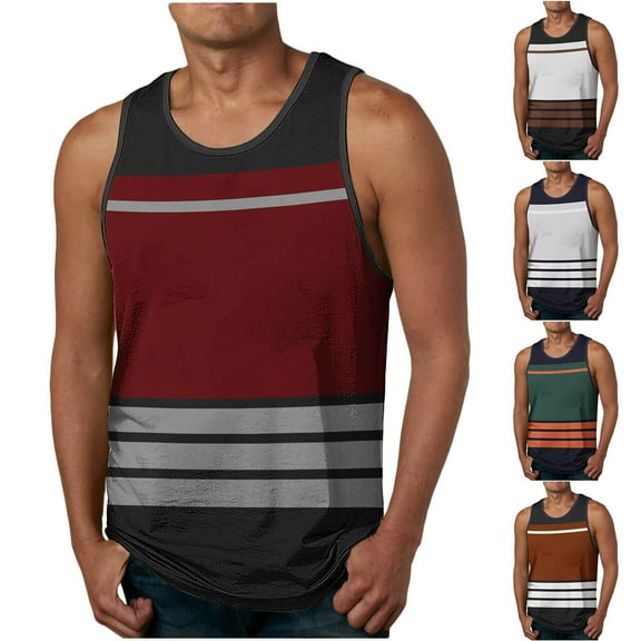 Abtuhar Mens Summer Basic Leisure Fitness Sleeveless Pajamas Stripe Round Neck Loose Tank,Army Green,XL