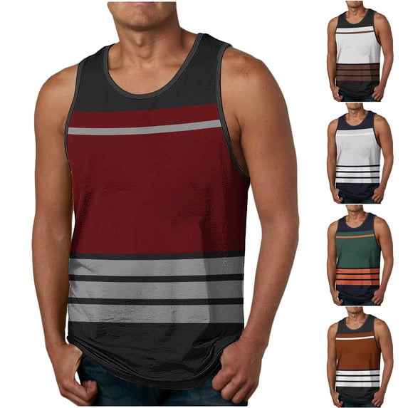Abtuhar Mens Summer Basic Leisure Fitness Sleeveless Pajamas Stripe Round Neck Loose Tank,Navy,XXL