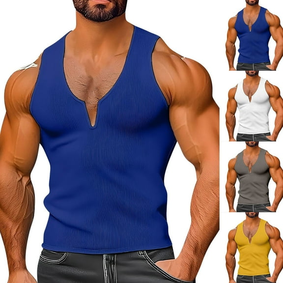 Abtuhar Mens Summer Solid Knitted Fitness Sleeveless V-Neck Tank Top,Yellow,M