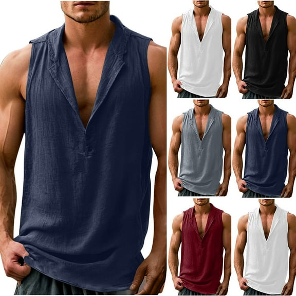 Abtuhar Mens Summer V-Neck Sleeveless Loose Lapel Tunic Summer Tank,Navy,L
