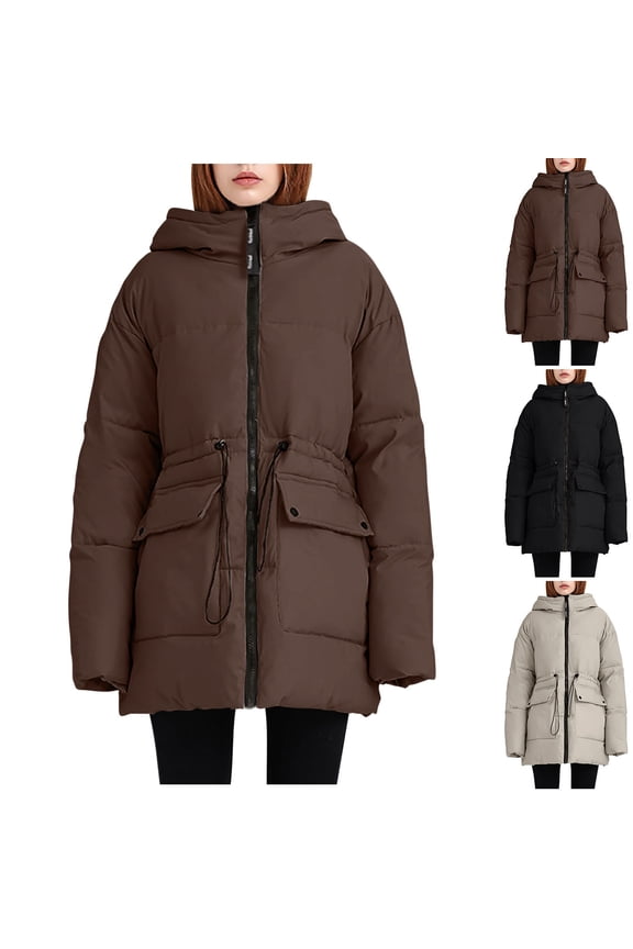 Outerwear for Women Fall and Winter Fashion Solid Color Long Sleeve Heavy Weight Fleece Lined Casual Quilted Hooded Jacket