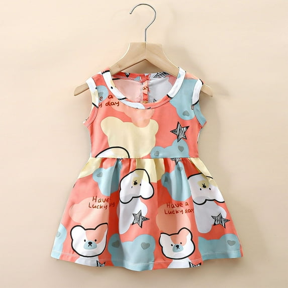 Abtuhar Dress for Girls,Fashion Girls'Summer New Short Sleeve Ruffled Pockets Round-Neck Printed Dress Dress Sweet Tank Top