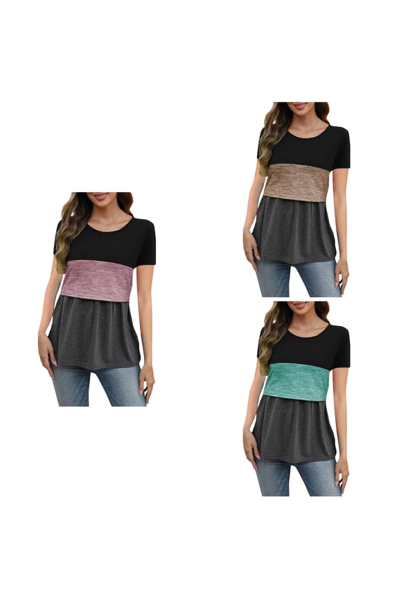Pregnancy Maternity Summer Tops for Women,Maternity Nursing Short Sleeve Shirts for Breastfeeding Solid Round Neck Casual Blouses,Pink,XL