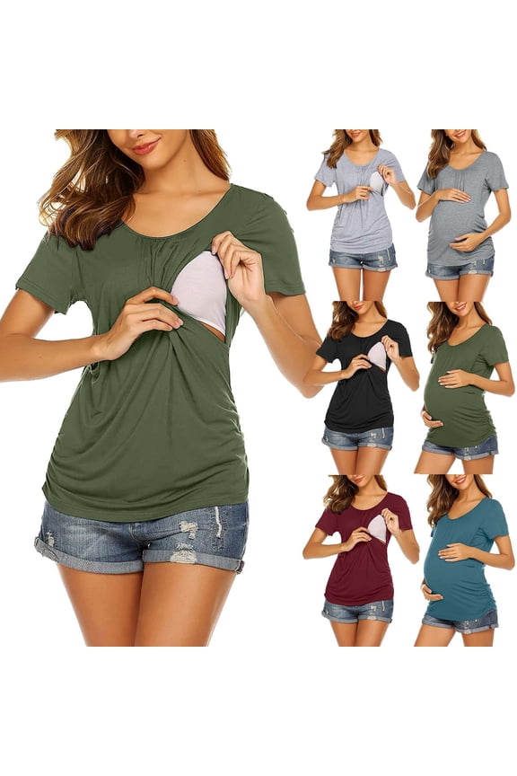 Pregnancy Maternity Summer Tops for Women,Maternity Shirts for Women Nursing Solid Short Sleeve Round Neck Breastfeeding Blouse,Blue,M
