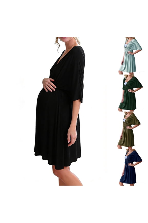 Maternity Summer Solid Short Sleeve V-Neck Knee-High Beach Dress,Green,M