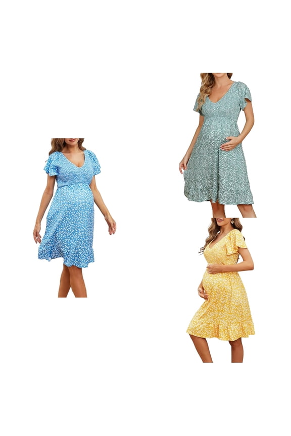 Summer Dresses for Maternity,Beach Dresses for Pregnant Women,Maternity Holiday Dress Loose Casual Short Sleeve Round Neck Dress,Yellow,M