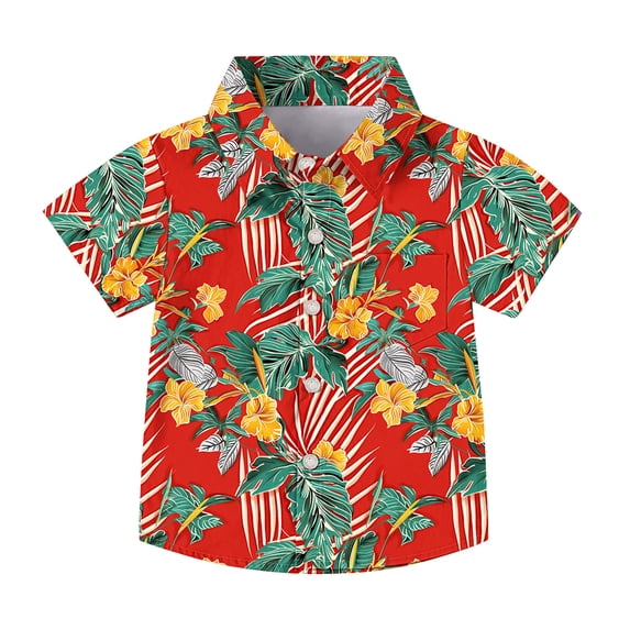 Abtuhar Summer Short Sleeve Shirt for Kids Boys and Girls Turndown Collar Hawaiian Print Pocket Detail Casual for 2-15 Years