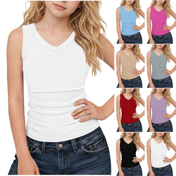 Abtuhar Summer Tank Tops V-Neck Ribbed for Girls Solid Breathable Tops for 5-15 Years