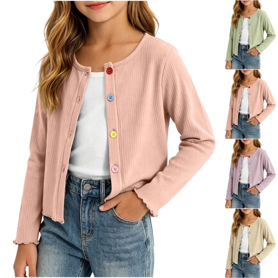 Abtuhar Toddler Girls Fall Winter Casual Outerwear and Jackets Ruffle Round‑neck Random‑color Button‑up Cardigan Coat for 0‑9 Years