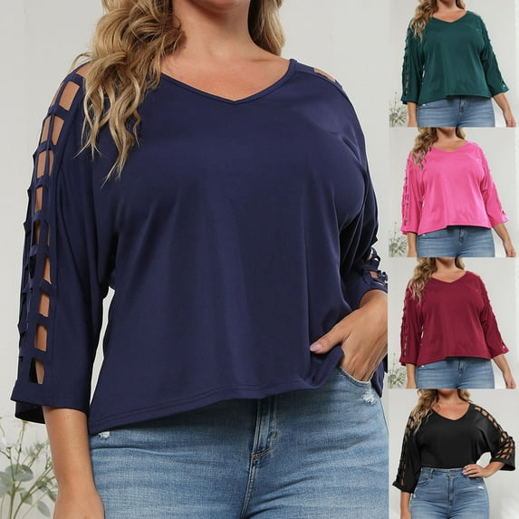 Abtuhar Tops for Women,Summer Plus Size Tops for Womens,Women's Solid V-neck Top Oversized Women's Hollow Burnt Flower Sleeve T-shirt Top Short Sleeved V-neck Top/shirt