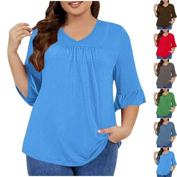 Abtuhar Tops for Women,Summer Plus Size Tops for Womens,Women's Plus Size Top 3/4 Ruffled Sleeve Shirt Casual V-neck Pleated T-shirt Loose Fitting Cotton Shirt