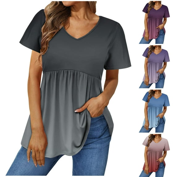 Abtuhar Tops for Women,Summer Fashion Tops for Womens,Women's Casual V-neck Gradient Printed Short Sleeved Top