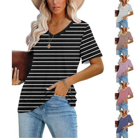 Abtuhar Shirts for Women,Women's Striped Printed Blouses Short Sleeved T-Shirt V-Neck Top