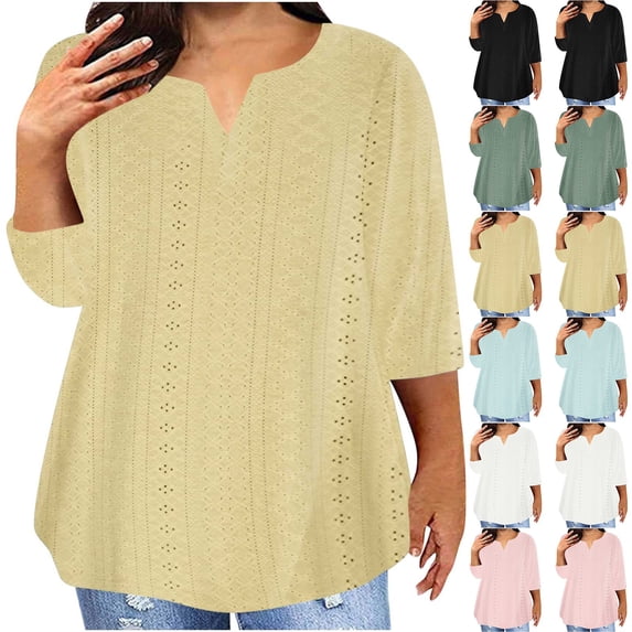 Abtuhar Tops for Women,Summer Plus Size Tops for Womens,Women's Fashion T-shirt 3/4 Sleeves Blouse V- Neck Casual Tops