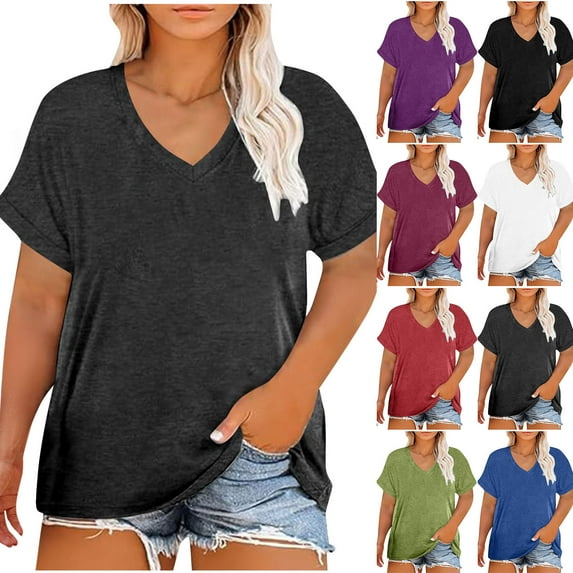 Abtuhar Tops for Women,Summer Plus Size Tops for Womens,Women's Oversized V-neck Short Sleeved Solid Color Summer Bottom T-shirt