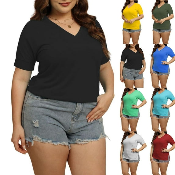 Abtuhar Tops for Women,Summer Plus Size Tops for Womens,Women's Oversized V-neck Short Sleeved Summer Bottom Shirt With Split Hem T-shirt
