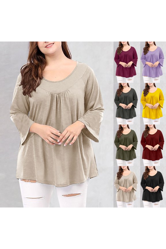 Women 3/4 Sleeve Tops Solid Round Neck Raglan Ruffle Plus Size Pull Over Fall Shirts
