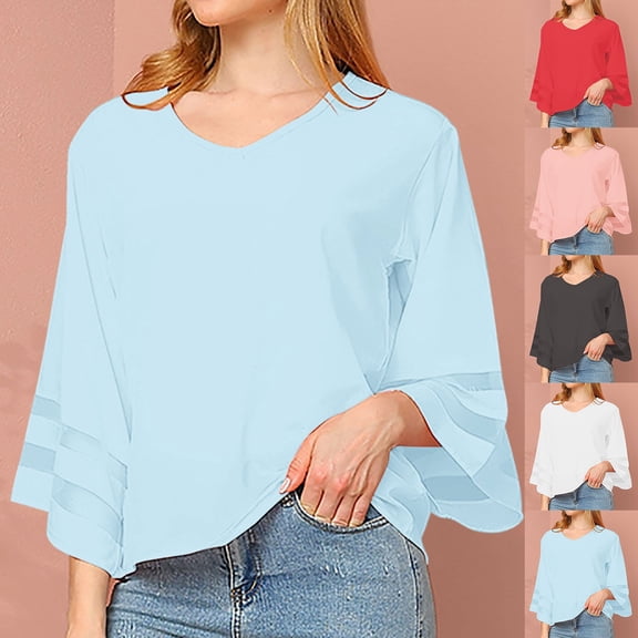 Abtuhar Women 3/4 Sleeve Tops Solid V Neck Loose Straight Hem Soft Fabric Fall Shirts