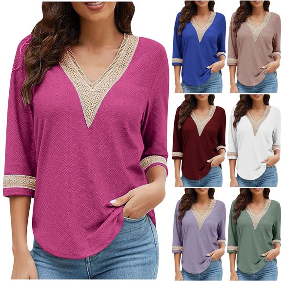 Abtuhar Women 3/4 Sleeve Tops Solid V Neck Standard Hem Soft Fabric Fall Shirts