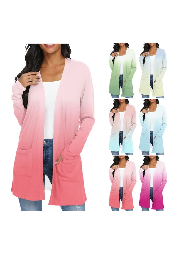 Women Clothes Outerwear Fall and Winter Casual Fashion Loose Pocket Gradient Print Long Sleeve Top Cardigan
