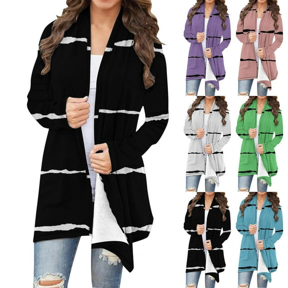 Bixock Women Clothes Outerwear Fall and Winter Casual Long Sleeve Stripe Print Top Open Front Cardigan Jacket
