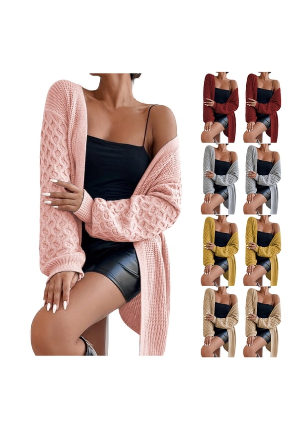 Women Clothes Outerwear Fall and Winter Fall Winter Solid Color Long Sleeve Lantern Sleeze Mid Long Cardigan Knit Sweater
