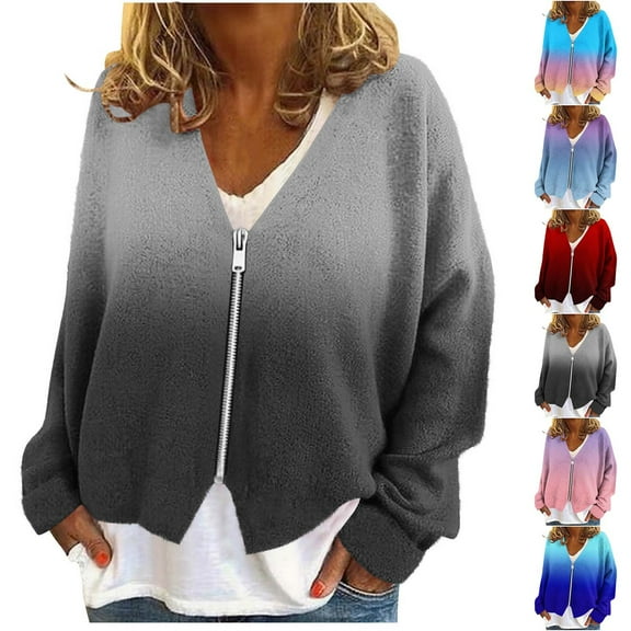 Bixock Women Fall and Winter Outerwear Fashion Print Fleece Open Front Zipper Jacket V Neck Long Sleeve