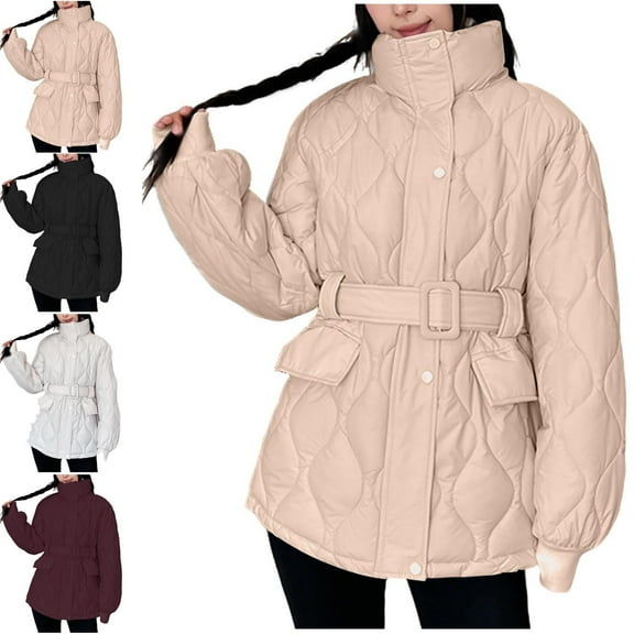 Bixock Women Fall and Winter Outerwear Fashion Solid Color Long Sleeve Waist Tie Casual Quilted Jacket