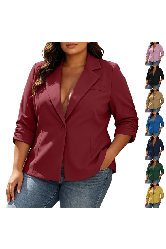 Women Jackets Solid Plus Size Lapel Collar Individual Button Ruched 7 Sleeve Lined Blazer Outerwear