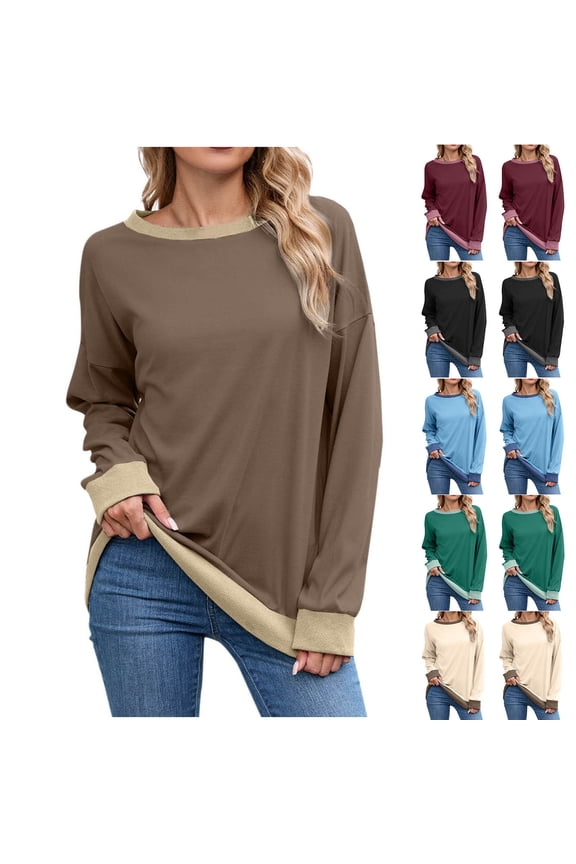 Loose Shirts for Women Fall Long Sleeve Print Color Panel Round Neck Ribbed Straight Hem Womens Tops