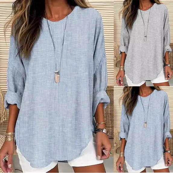 Abtuhar Women Striped Shirts Fall Long Sleeve Print Round Neck Roll Cuff Straight Hem Light Womens Tops