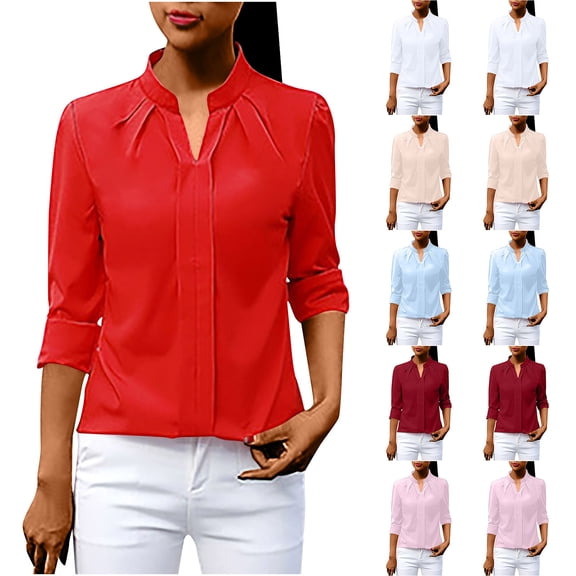 Abtuhar Women Long Sleeve Tops Solid Collar Chiffon Loose Straight Hem Soft Fabric Fall Shirts